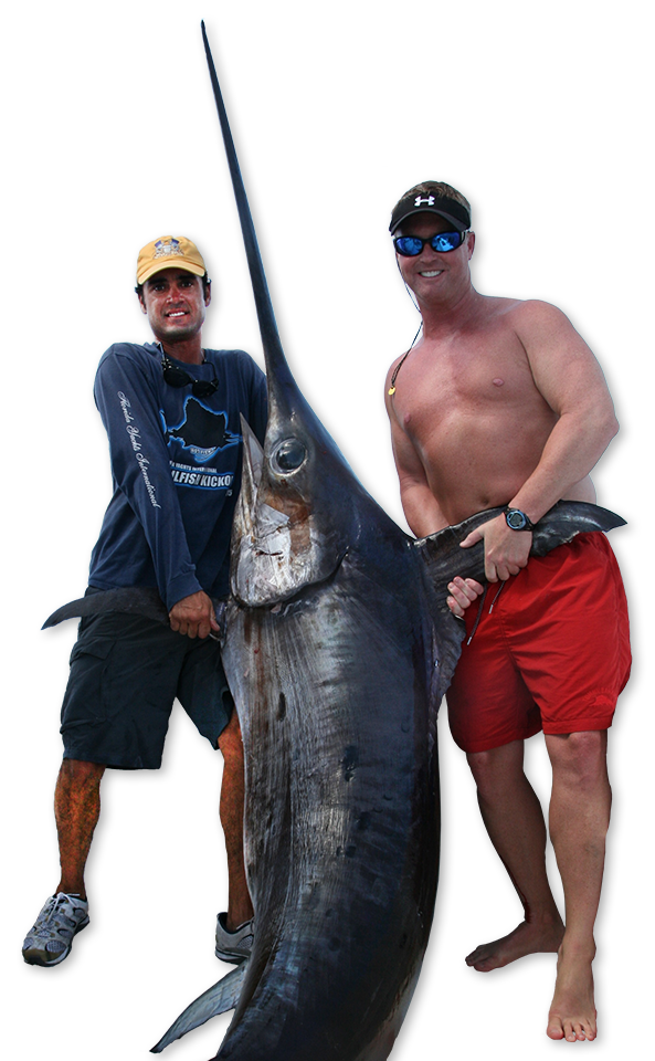 Two and anglers with giant swordfish.